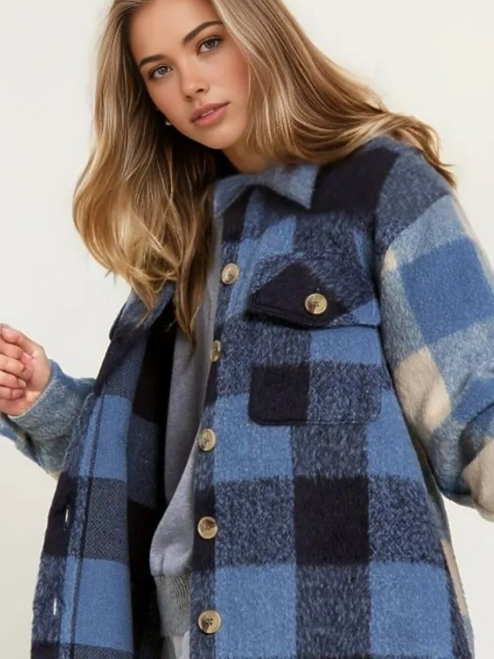 NWT Davi & Dani Plus 3XL Fuzzy Blue Plaid Oversized Shacket Jacket